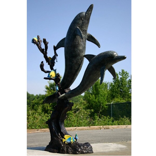 Dolphins Swimming around Coral Bronze Statue with Angel Fishes